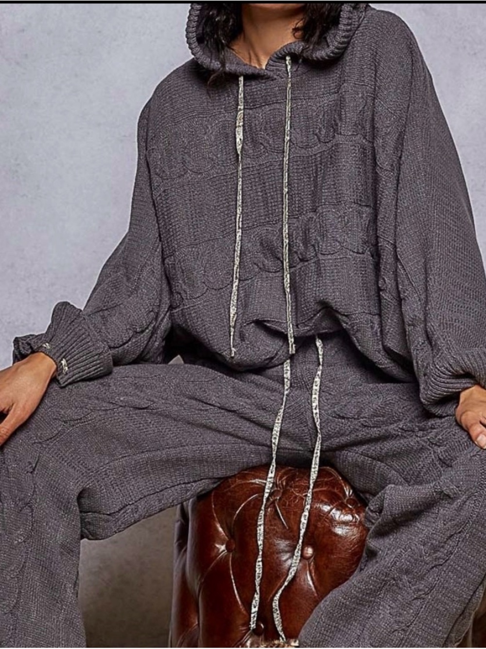 POL Charcoal Gray Cable-Knit Hoodie Sweater Set - Picture 6 of 10